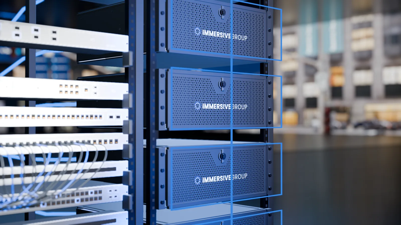 Immersivegroup servers stacked in a rack beside the network switches that feed them.