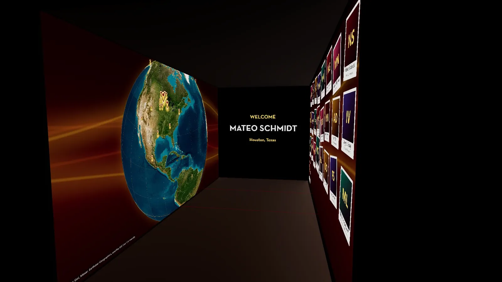 Pre-show render of the centre wall reading “Welcome Mateo Schmidt, Houston, Texas”, with the globe on the left wall and the photo wall on the right.
